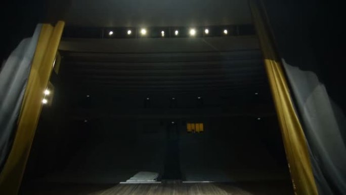 戏剧帷幕开放。舞台灯光下的大型剧院。