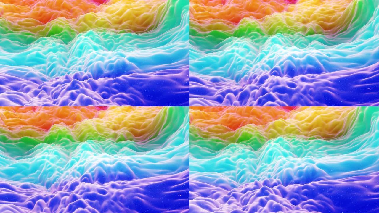 美丽的抽象3D表面与闪光的火花，挤压或位移的波转换在循环。彩虹渐变，柔软的哑光材料，如变形的甜味或带