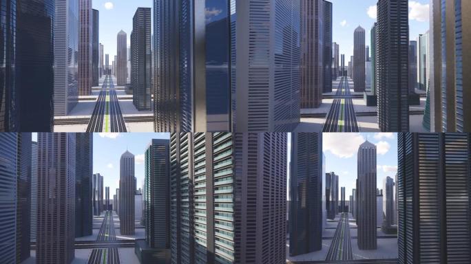 高层摩天大楼和玻璃办公楼之间的3d动画前进相机运动。抽象的白色3D城市的顶部。市区延时视图。