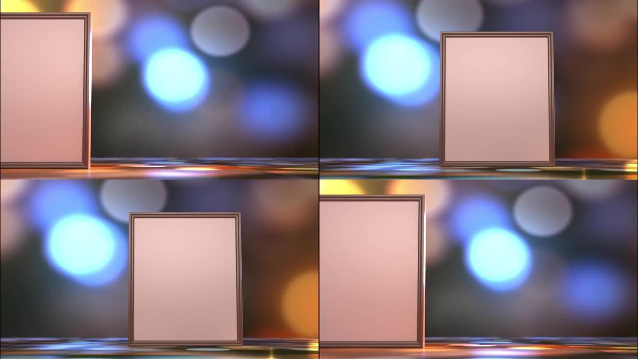 相机在两个帧之间平移，并用空白画布将文本设置在桌子上，在黑格背景下的彩色光线中。模拟