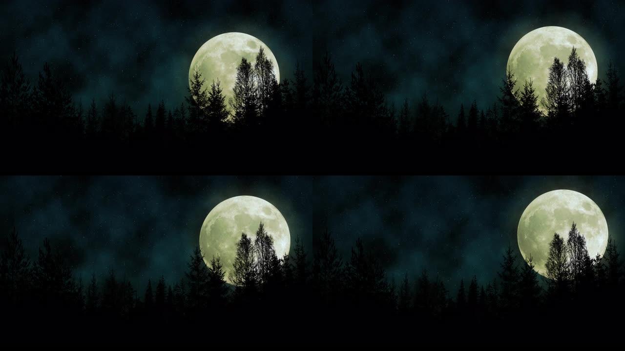 在晴朗的繁星点点的夜晚，满月在森林的轮廓后面慢慢升起