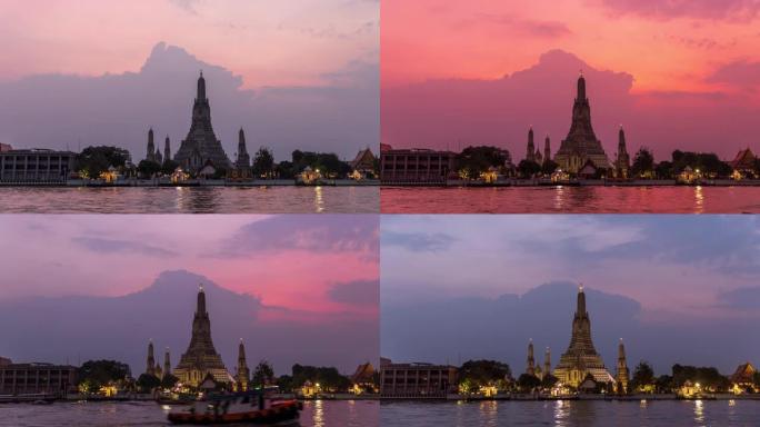 位于泰国曼谷的黄昏期间，Wat Arun寺的4k时间流逝