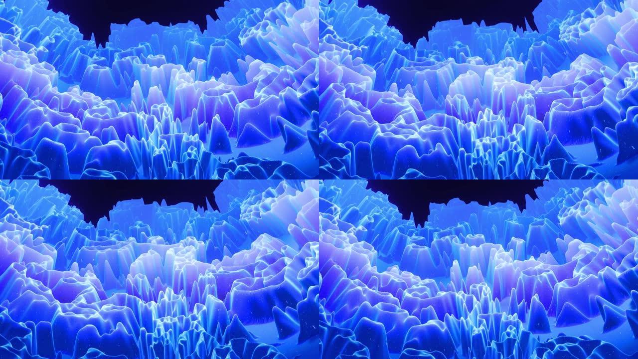美丽的抽象3D表面闪闪发光，抽象3d波在表面上循环运行。蓝色渐变，柔软的哑光材料，内部发光。流畅的4