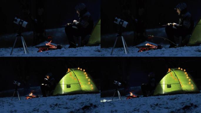 天文学家在冬天露营