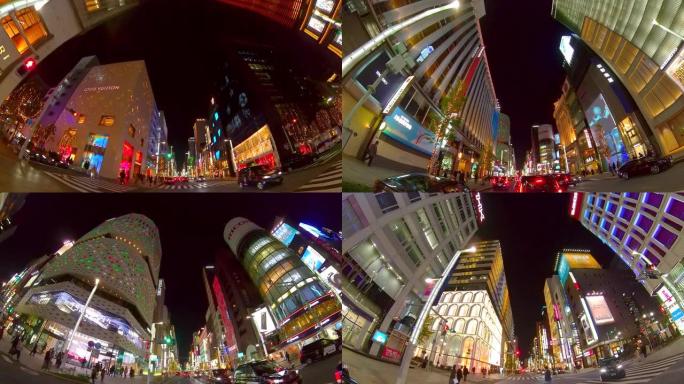 夜间驾驶银座街，日本东京。时间流逝。