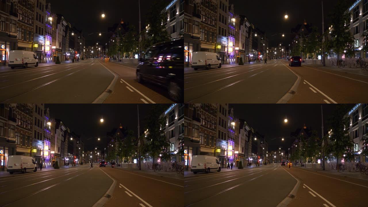 阿姆斯特丹市中心夜间照明著名交通街全景4k荷兰