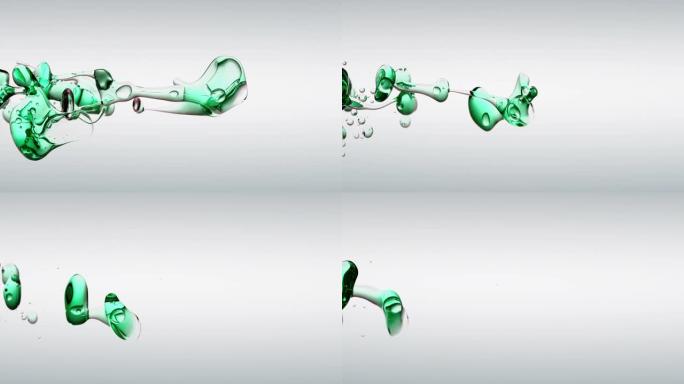 透明化妆品绿色蓝色油气泡和白色背景上的形状
