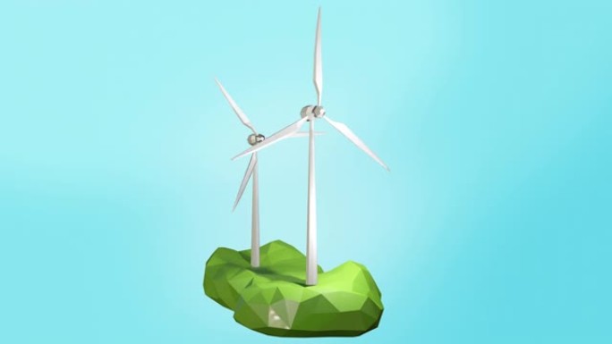 浮岛低聚上的动画风力涡轮机