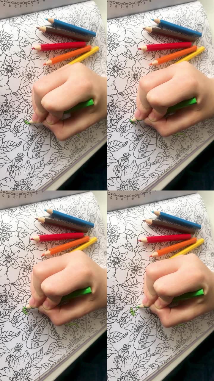 垂直视频。年轻的人用绿色铅笔绘制抗压着色页的图案，旁边是彩色铅笔。禅宗艺术，涂鸦图案黑白。禅宗缠结概