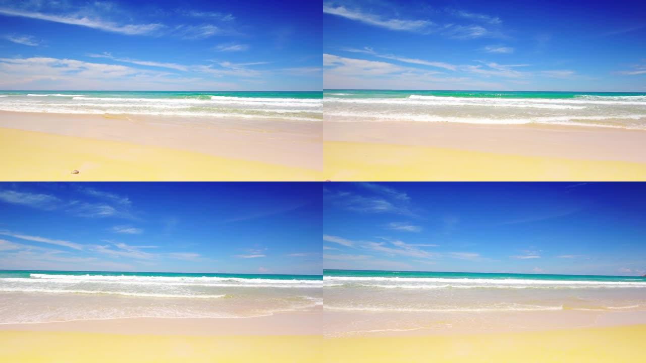 普吉岛海滩海自然视频。景观场景夏季海滩海沙，海滩海域。在泰国普吉岛卡隆海滩。在2020年11月4日上