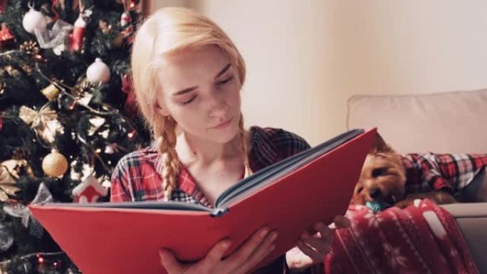 可爱的美丽的年轻女子看着圣诞相册。