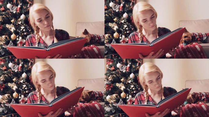 可爱的美丽的年轻女子看着圣诞相册。
