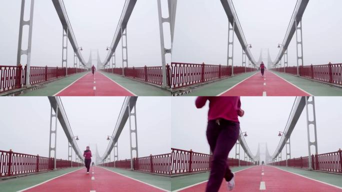 年轻胖乎乎的高加索女孩在桥上奔跑。正面镜头。紫色套装
