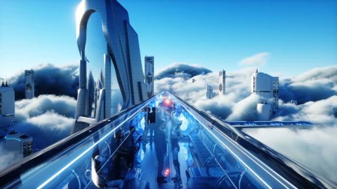 飞行客运列车。云中的未来科幻城市。乌托邦。未来的概念。空中奇妙的景色。逼真的4k动画。