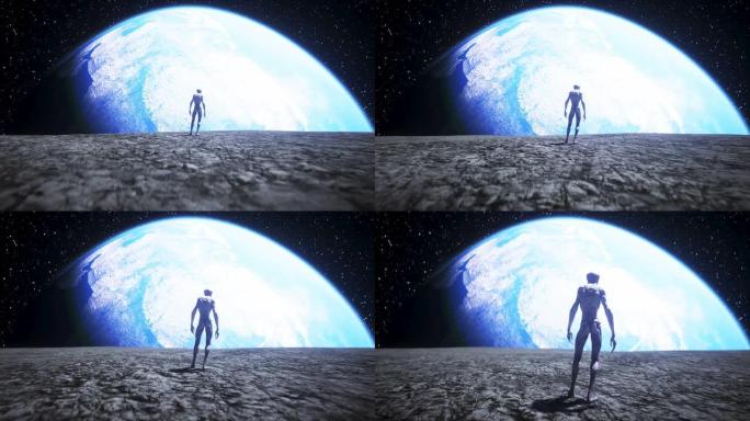 月球上的外星人。不明飞行物概念。3d渲染。
