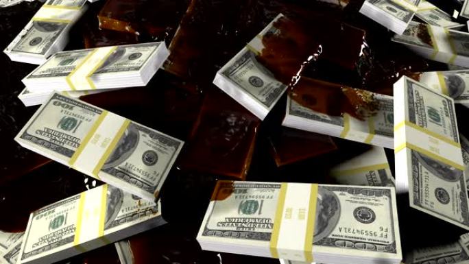 原油泛滥成堆的百元钞票。商业、石油和金融背景的动画。