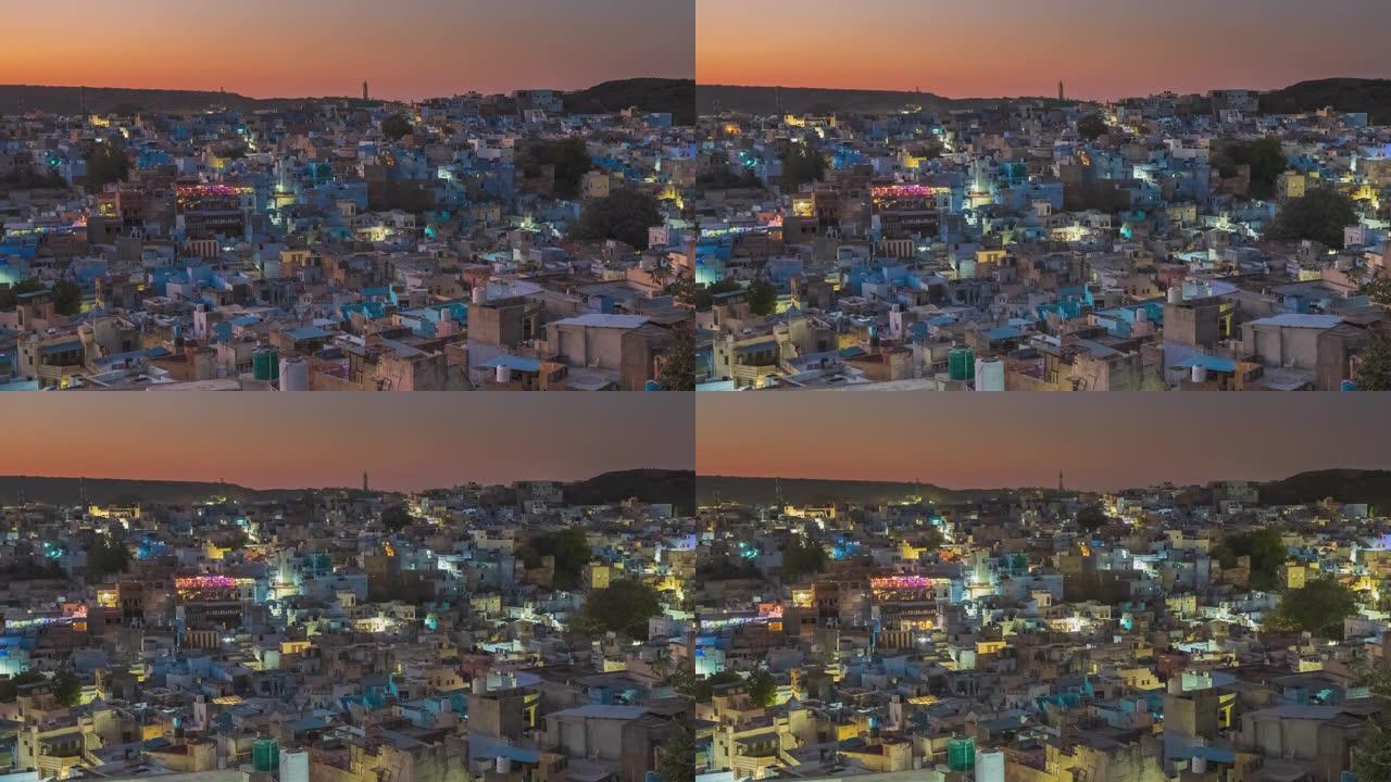 印度拉贾斯坦邦焦特布尔 (蓝色城市) 的4k昼夜延时