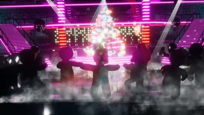 圣诞节那天，姜饼人在迪斯科夜总会跳舞。圣诞庆典的概念。圣诞节，新年和节日背景的无缝循环动画。