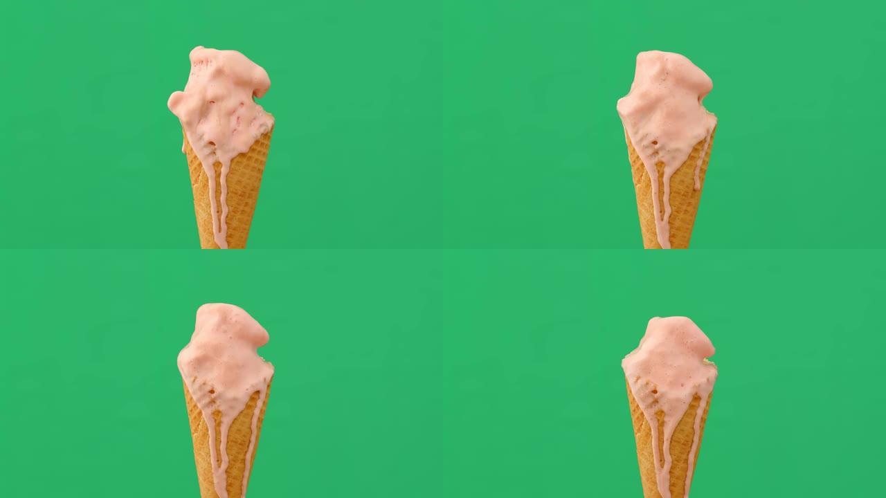 绿色背景上融化冰淇淋蛋筒的时间流逝，4K