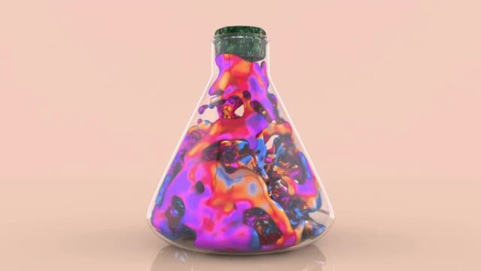 室内装有失重物质或液体的实验室烧瓶的3d动画。完美的未来时尚时尚魅力镜头，用于广告化妆品。未来主义科