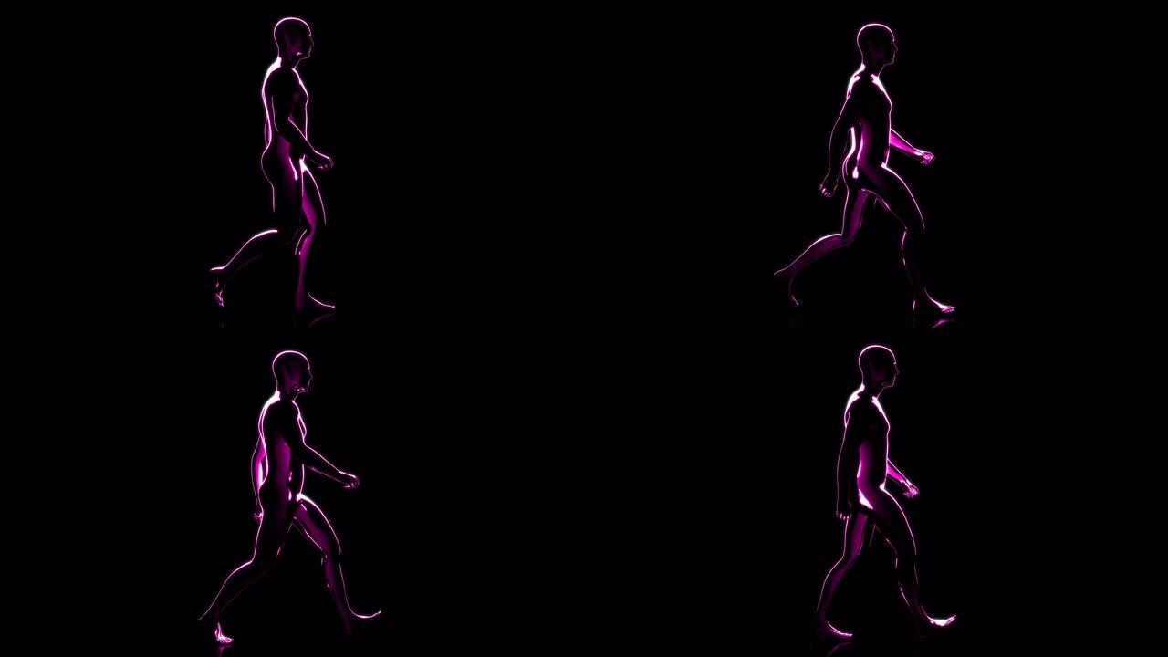 黑色背景上的3D抽象紫色数字行走人的侧视图