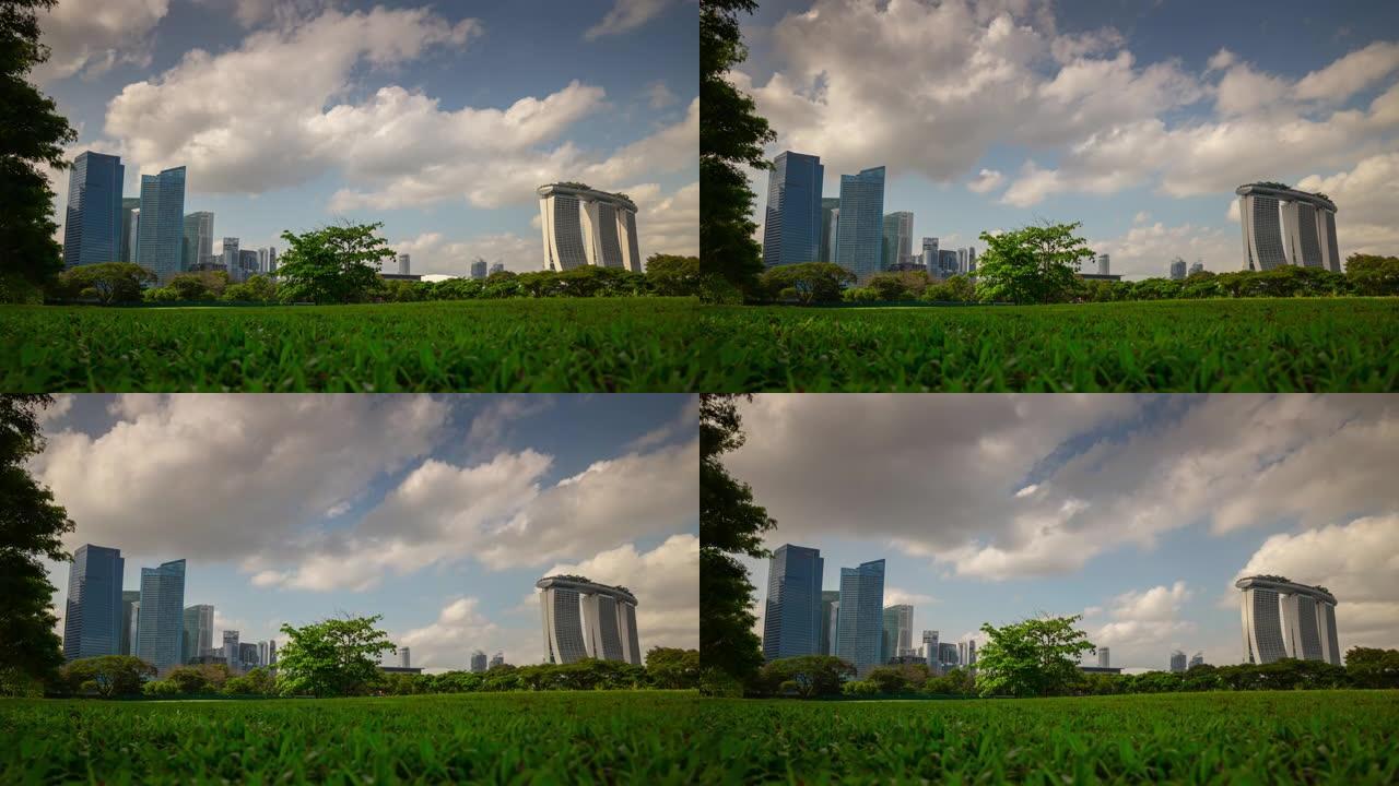 阳光灿烂的一天新加坡市区绿草场全景延时4k