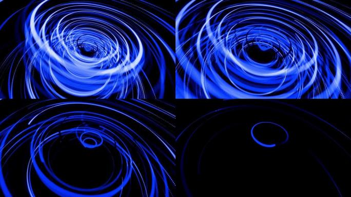 流动颗粒成形线、螺旋和抽象结构的运动设计bg。螺旋状旋转的蓝线沿着旋转的路径飞行。3d渲染4k时尚创