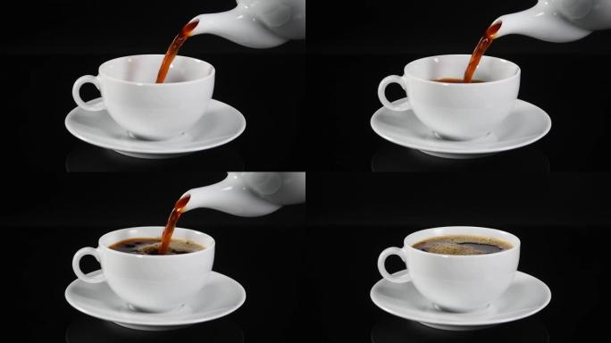慢动作将咖啡倒入白色杯子中，黑色背景