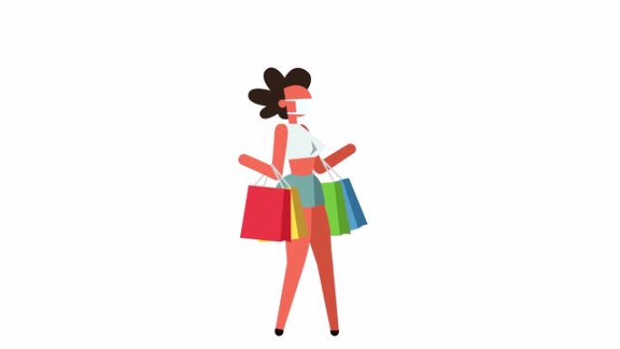 棍子图彩色象形图女女孩角色在外科口罩步行购物商店销售卡通动画