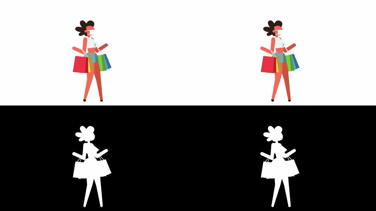 棍子图彩色象形图女女孩角色在外科口罩步行购物商店销售卡通动画