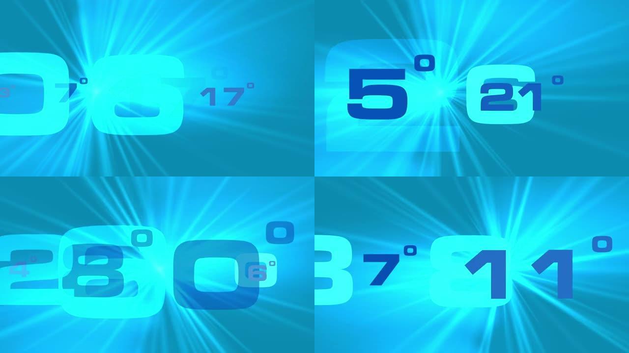 天气预报员的叮当声或动画，蓝色背景上的数字和灯光效果
