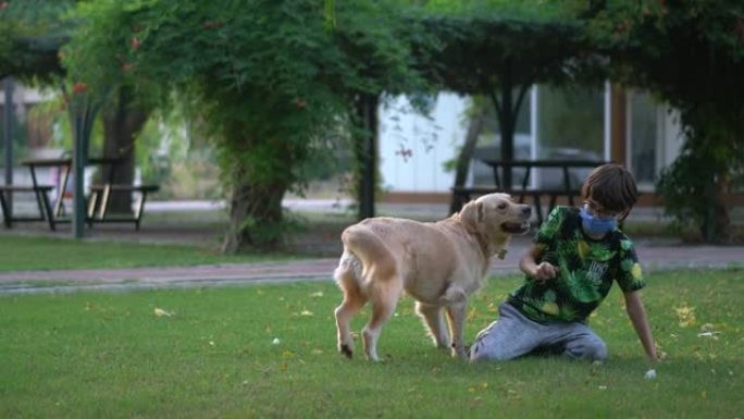 大流行期间，小男孩在公园和她的狗玩耍。