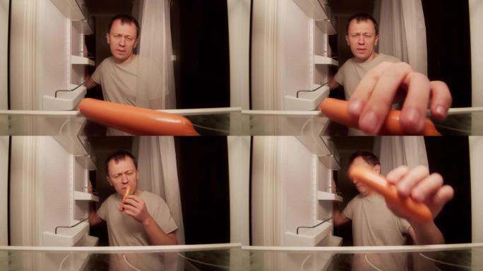 一个单身男人在冰箱里有一个变质的香肠