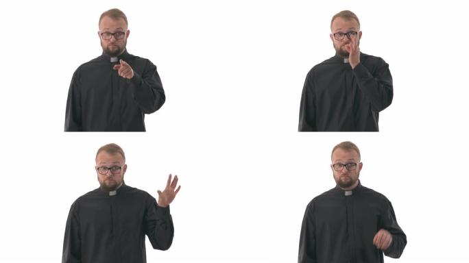 胡须高加索牧师的肖像指着你的手势和假想的拉链闭上嘴的相机。沉默的手势和要求不告诉。孤立在白色背景上