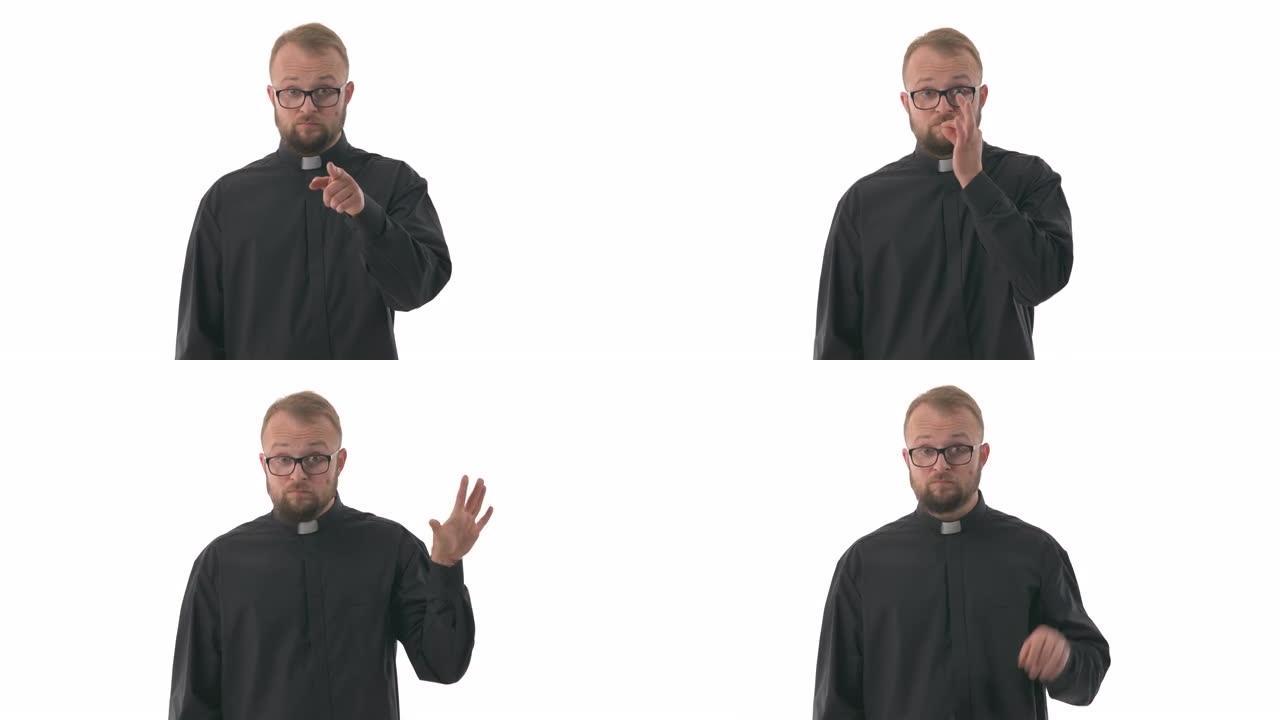 胡须高加索牧师的肖像指着你的手势和假想的拉链闭上嘴的相机。沉默的手势和要求不告诉。孤立在白色背景上