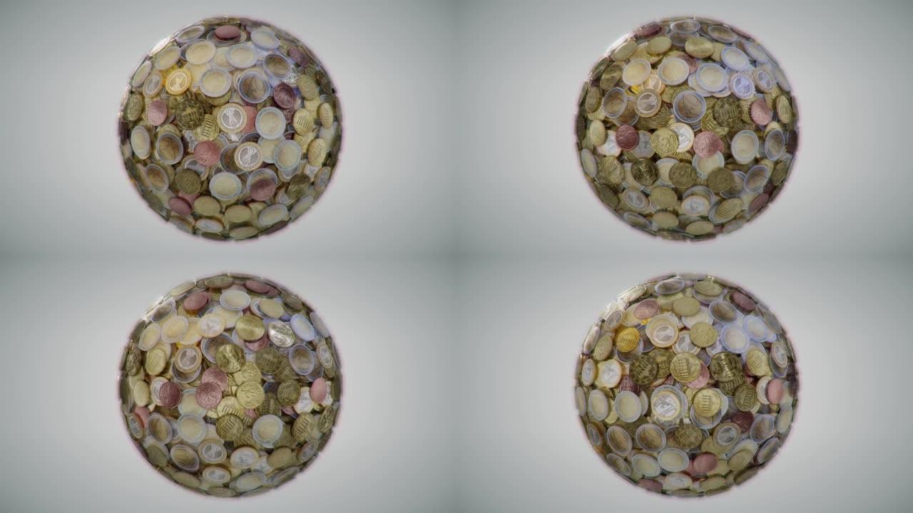 欧元硬币球全息科技硬币旋转三维动画