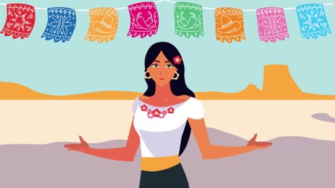 墨西哥庆祝动画与美丽的女人和花环的场景