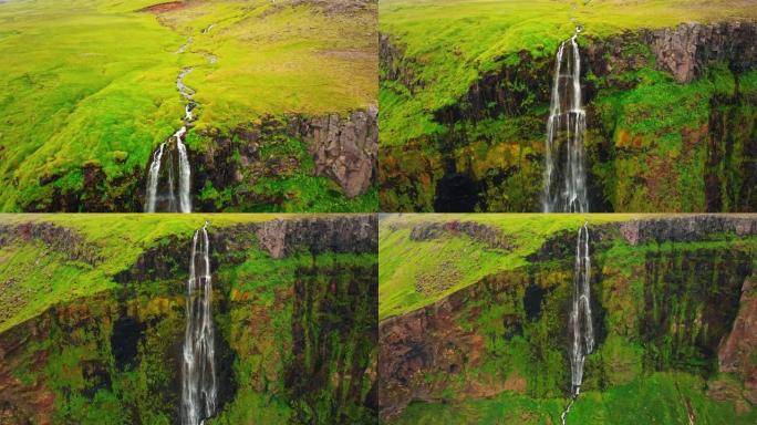 冰岛景观中的瀑布航拍山间瀑布