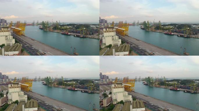 日落时间新加坡城市世界著名港口交通湾空中全景4k