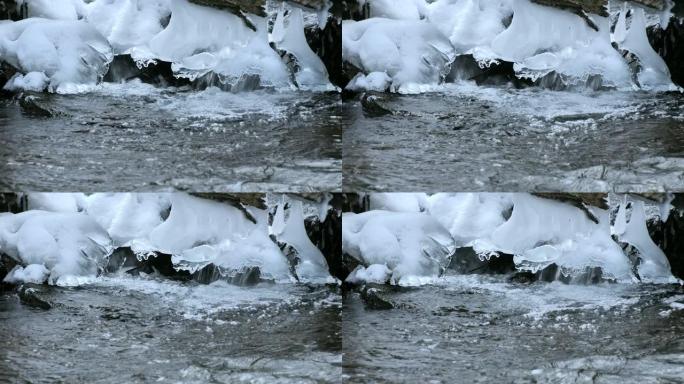 雪落北海道森林溪冰雪消融春天春季山泉水流