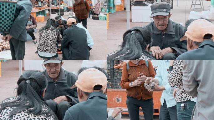 云南乡村生活视频农贸市场卖蘑菇老人