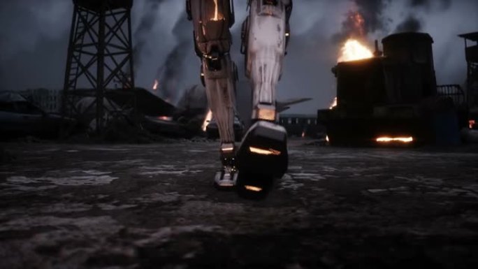 军事机器人在一个燃烧的毁灭的世界末日城市。世界末日景观。逼真的火灾模拟。世界末日。