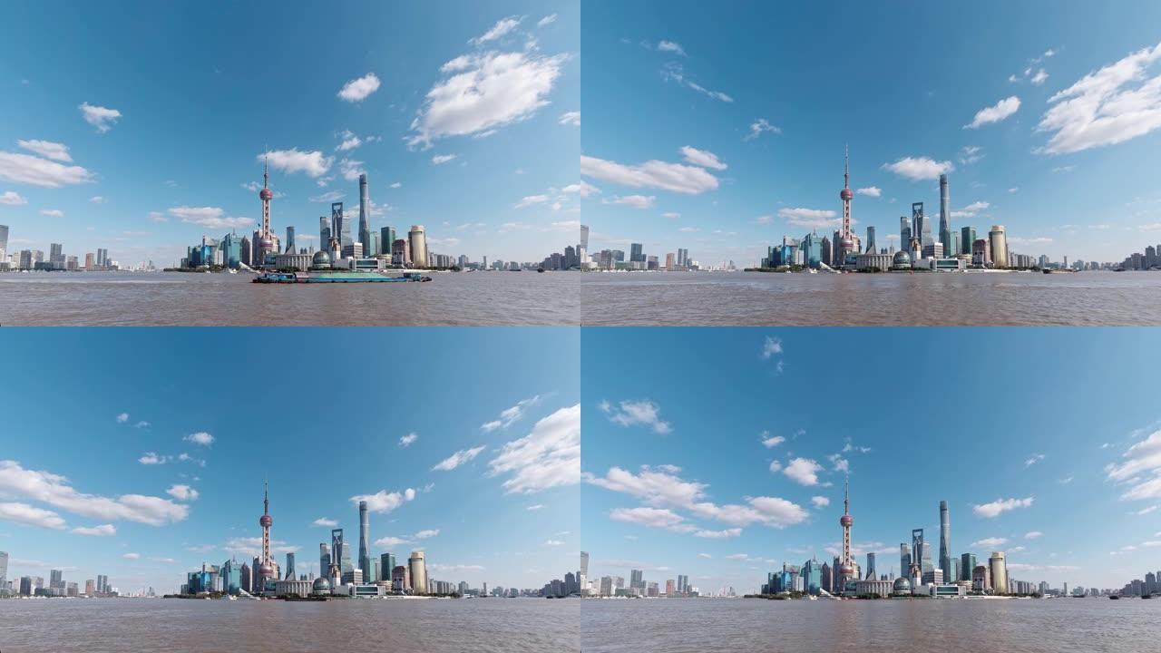 美丽的上海外滩城市景观，下午有蓝天白云背景，4k镜头，延时视频。