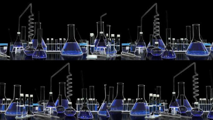 试管和其他实验室玻璃器皿滚动无缝循环黑色、化学或covid疫苗背景-60FPS 4K UHD 3D可