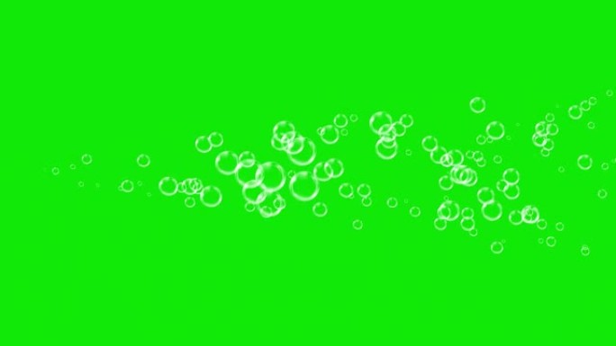 肥皂气泡在绿色背景上从左向右飞行。特写不同的肥皂泡。运动许多水泡从屏幕上浮下来。无缝动画。阿尔法通道