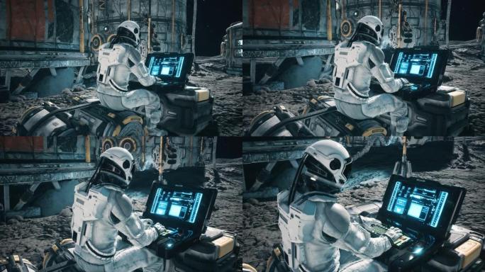 一名宇航员在其中一颗新行星的太空基地的笔记本电脑上工作。幻想、未来或太空旅行的动画。