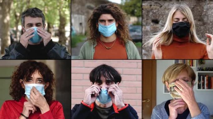 电晕病毒-人们在不同的地方戴面具看着相机