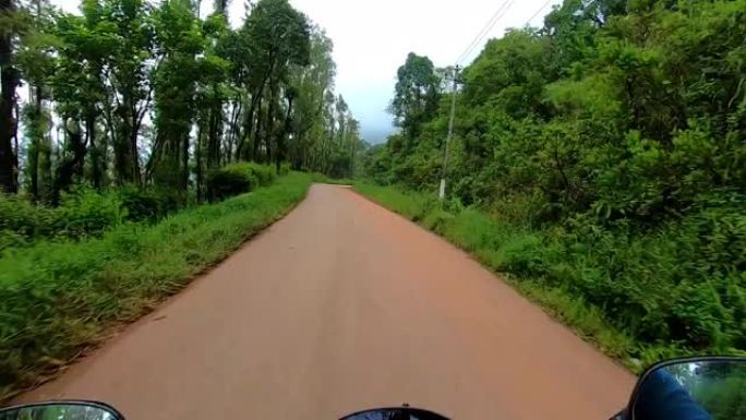 摩托车在茂密的绿色森林的曲折山路上骑行