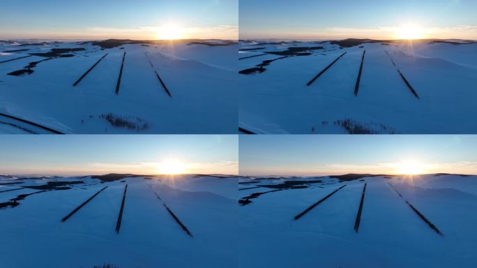 航拍严冬暮色中的辽阔雪原