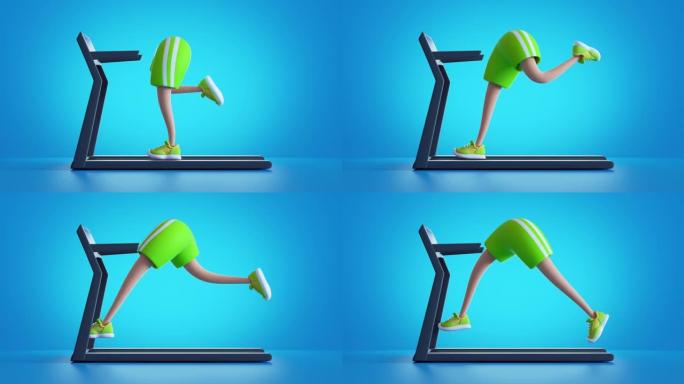3d渲染，卡通人物纤细的腿在跑步机上运行，孤立在蓝色背景上。有氧训练循环动画